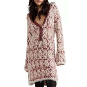 Free People Fuzzy Cardigan Sweater L Mulberry & Cream Buttons V-Neck Soft Boho